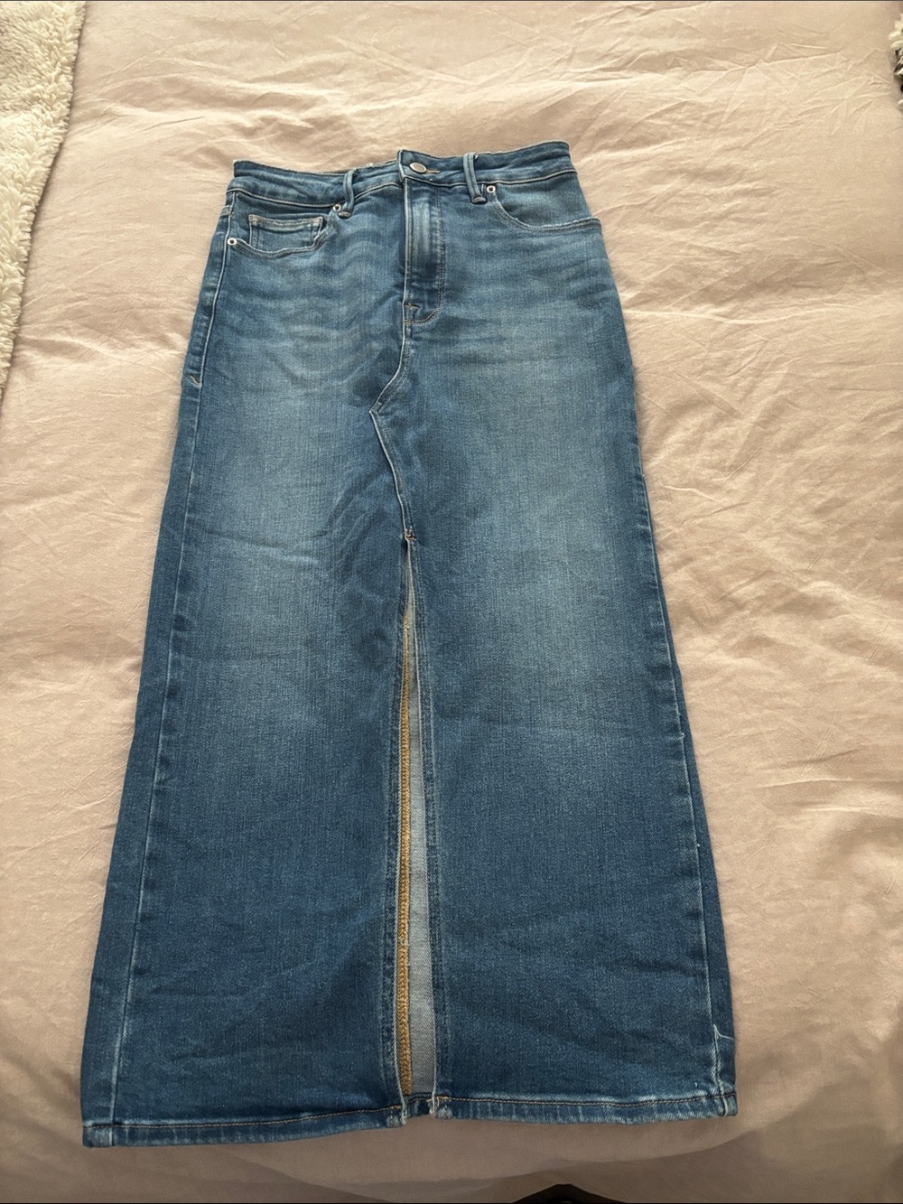 Good American Blue High-Waist Denim Maxi Skirt with Front Slit